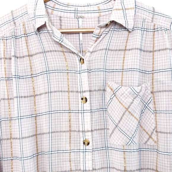 Free People Break My Stride Plaid Button Down Collared Shirt Pink Gold Size Med - Picture 6 of 8